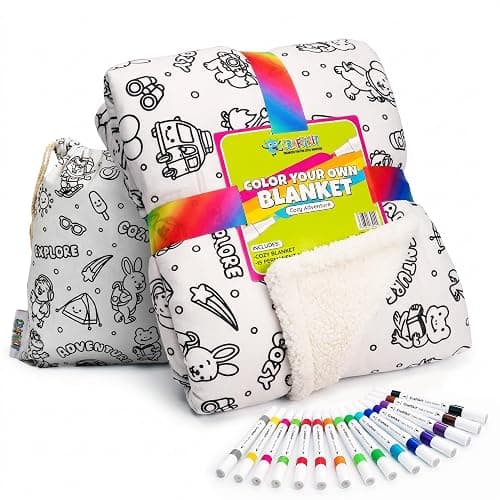 Craftikit Cozy Coloring Blanket for Kids & Adults -15 Markers | 40" x 60", Fabric Markers Included, Permanent Vibrant Sherpa Fleece Design, Ages 3+, Machine Washable, Gift Wrapped - Image 1