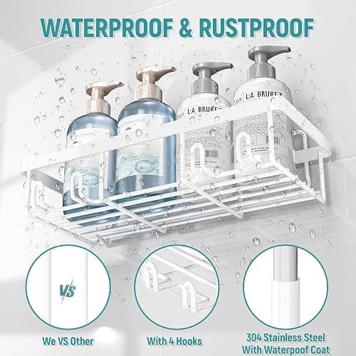 Liuoud 5 Pack Shower Caddy Organizer Rack Shelf for Inside Shower, Self Adhesive Wall Storage Basket Rustproof Stainless Steel Shampoo Holder Bathroom Accessory Decor Set, White thumbnail 4