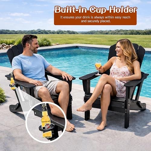 Domi Folding Adirondack Chair Set of 2, HDPE All-Weather Adirondack Chairs with Cup Holder, Outdoor Plastic Fire Pit Chairs Wood Texture for Poolside, Patio, Backyard, Deck (Black) thumbnail 6