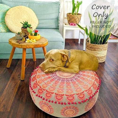 Mandala Life ART Large Boho Pouf Cushion Cover Pink Round Floor Pillow Luxury Kids Room Décor Cotton Pouf Ottoman Cushion for Meditation Yoga and Boho Chic Seating Area Stool Cotton 24x8 Unstuffed thumbnail 2