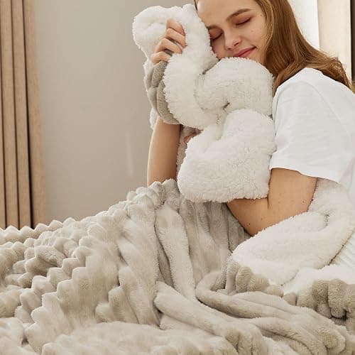 Bedsure Sherpa Throw Blanket for Couch - Super Soft, Comfort Cozy Fleece Thick Warm Blanket for Women, GentleSoft Plush & Fluffy Spring Throw Gift for Women, Room Decor, Beige, 50x60 Inches thumbnail 3