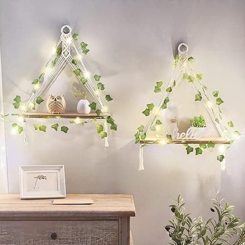 Mkono Artificial Ivy Macrame Hanging Shelves with Lights Set of 2 Boho Wall Decor Display Plants Photos Wood Floating Storage Shelf for Bedroom Bathroom Living Room Nursery Dorm Kitchen, White thumbnail 6