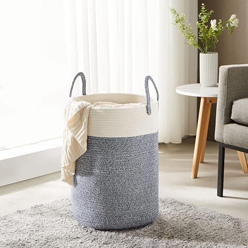 YOUDENOVA Cotton Laundry Hamper, 58L TALL Storage Basket-Blue | Woven Collapsible Laundry Basket, Clothes Hamper with Reinforced Handles in the Laundry Room, Bedroom, Bathroom thumbnail 2