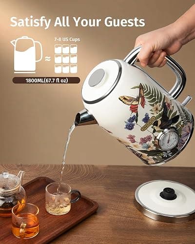 INFOOD Retro Electric Kettle 1.8L/60.8oz with Thermometer - 1200W Fast Boiling Stainless Steel Tea Kettle with Water Level, BPA-Free, Auto Shut-Off, Boil-Dry Protection, Vintage Floral Design thumbnail 5