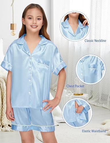 ALHAVONE Kids Girl Pajama Set with Headband Blindfold Hair Tie Toddler Boy Girl Satin Silky Button-up Pajama Sleepwear thumbnail 5