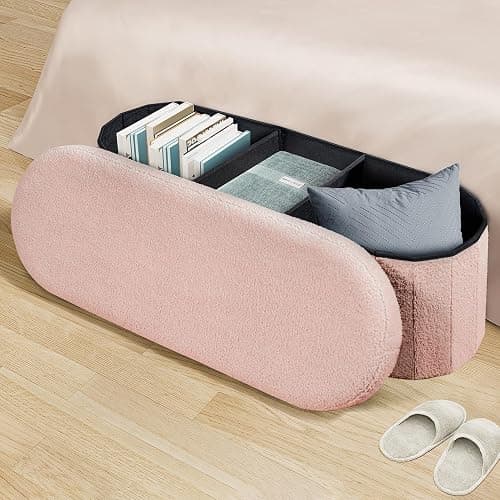 PINPLUS Storage Ottoman Bench Tufted Oval Ottomans for Living Room Foot Rest, Chest Box Velvet Bench with Storage, Pink 43"x15"x15" (Pink) thumbnail 2