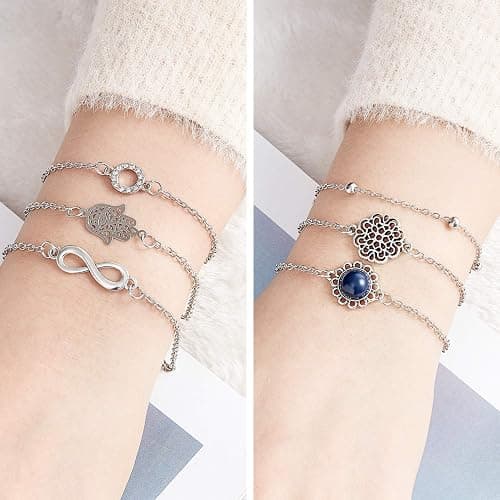 Hicarer 16 Piece Layered Bracelet Set Women Silver Bracelets Vintage Hand Chain Adjustable Charm Pendent Stack Bracelet Christmas Gifts for Women thumbnail 6