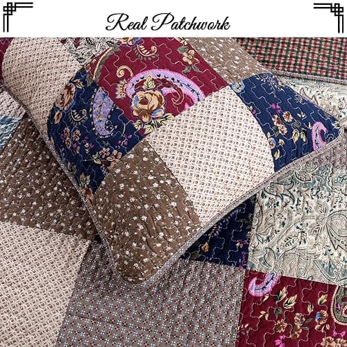 Cozy Line Home Fashions 100% Cotton Hand Piecing Real Patchwork Brown Floral Reversible Quilt Bedding Set Coverlet Bedspread for All Seasons (Red Navy, Queen - 3 Piece) thumbnail 6