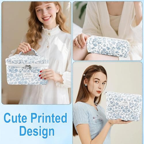 URSKYTOUS 3Pcs Makeup Bag Quilted Cosmetic Bag Set Bow Travel Large Makeup Pouch for Women Cute Portable Cotton Toiletry Bag Skincare Organizer Coquette Vintage Travel Essential thumbnail 7
