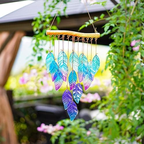 Wind Chimes for Outside,Stained Glass Leaves Wind Chimes Indoor Outdoor Hanging Decor Handmade 12.5" Garden Chimes for Windows, Patio,Backyard Decor Ornament for Christmas Tree thumbnail 4