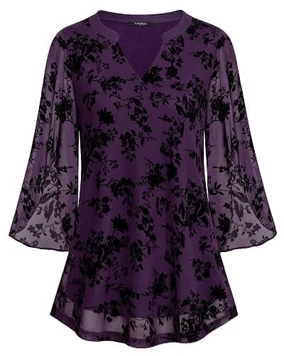VALOLIA Women's 3/4 Sleeve Floral Tunic Tops V Neck Double Layers Loose Fit Mesh Blouses Shirt - Image 1