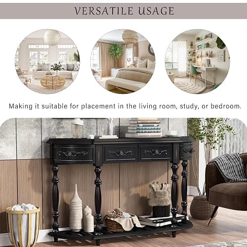 LUMISOL Retro Half Moon Console Table with 4 Storage Drawers, Curved Sofa Table Behind Couch, Half Round Accent Table with Shelf for Entryway Living Room Hallway, Black thumbnail 7