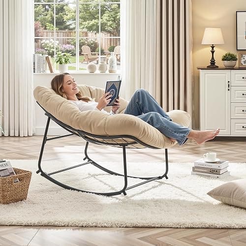 ONBRILL Papasan Rocking Chair with Cushion, Oversized Patio Lounge Rocker, Egg Chair Outdoor Indoor, for Living Room, Porch, Patio, Garden, Beige thumbnail 5