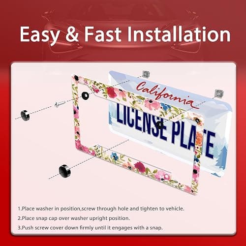 2Pcs Personalized License Plate Frame Stainless Steel Artistic Flower Pink License Plate Car Tag Holder with 4 Holes and Screws for Women Men Auto Decoration for USA Canada Vehicles Standard (12"x6") thumbnail 3