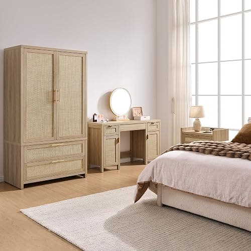 SICOTAS Rattan Vanity Home Office Desk - 52" Large Farmhouse Boho Makeup Vanity Dressing Table with 3 Drawers & 2 Storage Cabinets, Vanities Desk for Makeup Room, Bedroom, Home Office, Light Oak - Reclaimed Light Oak - 1 Piece thumbnail 7
