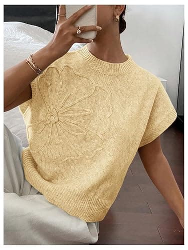 SOLY HUX Women's Ribbed Sweater Crew Neck Short Sleeve Loose Fit Floral Knit Pullover Tops thumbnail 2
