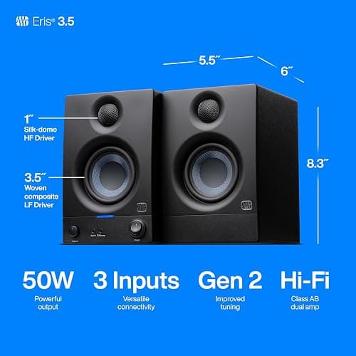 PreSonus Eris 3.5 Studio Monitors, Pair — Powered, Active Monitor Speakers for Near Field Music Production, Desktop Computer, Hi-Fi Audio - 3.5" - Gen 2 thumbnail 5