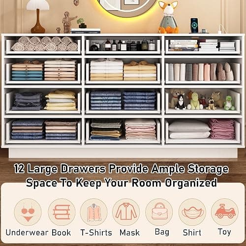 chartustriable White 12 Drawers Dresser w/Power Outlet,60000-Colors Lights for Kids Bedroom,Modern 63In Long Dresser for Closet,Wooden Tall Dressers w/Large Storage for Entryway,Hallway thumbnail 8