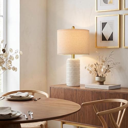 PoKat 21'' Modern Ceramic Table Lamp with Gift Box, White for Bedroom,Small | Bedside Lamps for Nightstands, Gold Pole Design, Farmhouse Home Decor for Living Room, Ideal Housewarming Gift for Women thumbnail 4