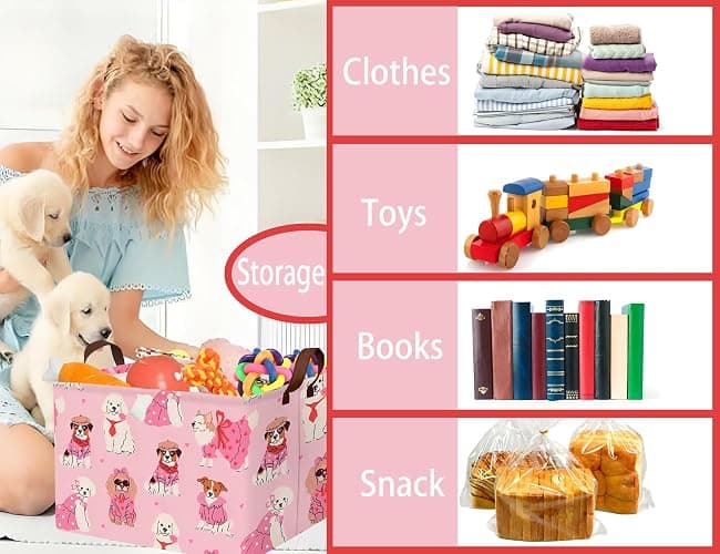 BOOHIT Pink Dog Toy Basket Collapsible Puppy Bin Storage Organizer Large Pet Box With Handles (Girl Dog) thumbnail 5
