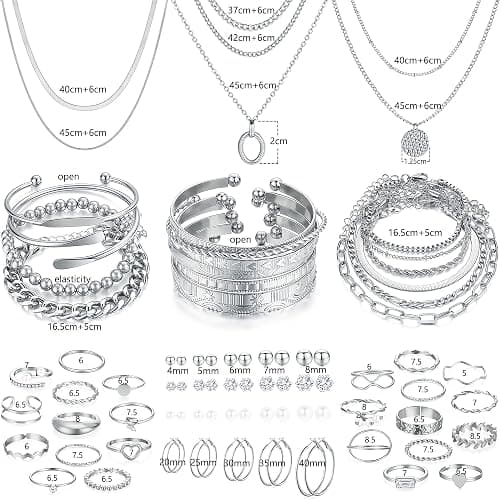 FAXHION 68 Pcs Gold Jewelry Set for Women with 7 Necklace, 17 Bracelet, 5 Hoop Earrings, 15 Stud Earrings, 24 Knuckle Rings for Women Jewelry Set for Women Gift thumbnail 7