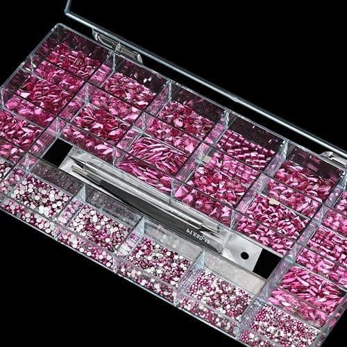 Yzzseven 14 Types of 700 Rose Pink Diamonds + 2100 Flat Rhinestones Mix 20 Styles Flatback DIY Crafts Rhinestone Crystals 3D Ornament‌s Flat Back Stones Set + Tweezers + Drill Pen thumbnail 8