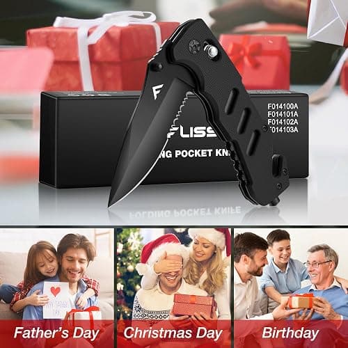 FLISSA Folding Pocket Knife with Clip, Glass Breaker and Seatbelt Cutter, Survival Knife for Emergency Rescue Situations, EDC Knife for Tactical, Hunting, Camping, Outdoor, Unique Gifts for Dad, Father-Black thumbnail 6