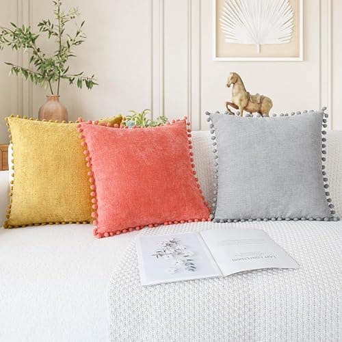 CaliTime Throw Pillow Covers Decorative 20 X 20 Inches Pack of 2 Cozy Solid Dyed Soft Chenille Cushion Cases with Pom Poms for Couch Sofa Bed Living Room Home Gold thumbnail 2
