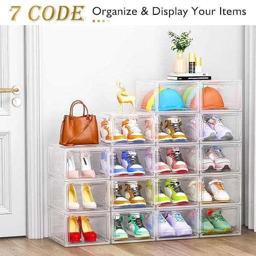 Thicken & Sturdy Clear Shoe Storage Organizer with Magnetic Door, Stackable Boxes for Closet, Foldable Space-Saving Shoe Rack for Sneaker Boot Container, Plastic Shoe Cabinet Shoe Box 6 Pack, White thumbnail 5