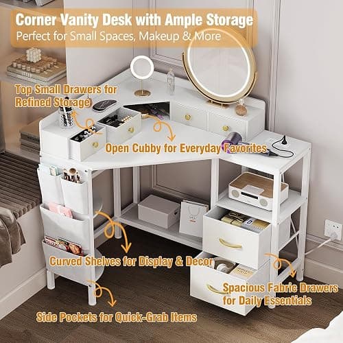 Espelism Corner Vanity Desk with Charging Station, 49.6" Makeup Table with Fabric Drawers & Side Pocket, Space-Saving Dressing Table for Small Space Bedroom Dorm(White) thumbnail 4