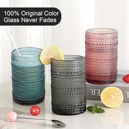 KMIGRUAN 15oz Colored Hobnail Drinking Glasses Set of 6,Vintage Kitchen Glassware,Embossed Beaded Glass Cups,Water Tumbler for Cocktail,Juice and Various Mixed Drinks thumbnail 4