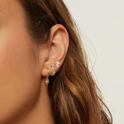 Kenivira Stud Earrings Set for Women, 14K Gold Plated Hypoallergenic Dainty Earrings Girls,3 Pairs Small Cartilage Flat Back Trendy Hoop CZ Earring thumbnail 3