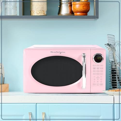 Nostalgia Retro Microwave Oven 0.7 Cu Ft, 700-Watt Countertop Size with Glass Turntable, Child Safety Lock, 8 Auto-Cook Programs, Digital Clock, Pink thumbnail 6