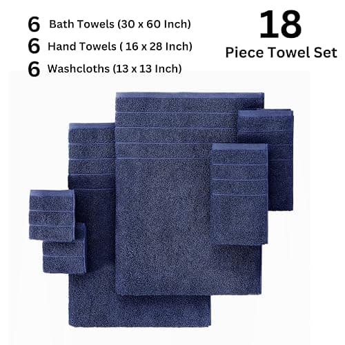 Casa Platino Luxury Cotton Bath Towel Set - 18 PCs - Low Twist, Soft & High Absorbency - 6 Bath, 6 Wash Cloth, 6 Hand Towels - Classic Hotel Quality, Durable & Ideal for Modern Bathrooms - Navy Blue thumbnail 6