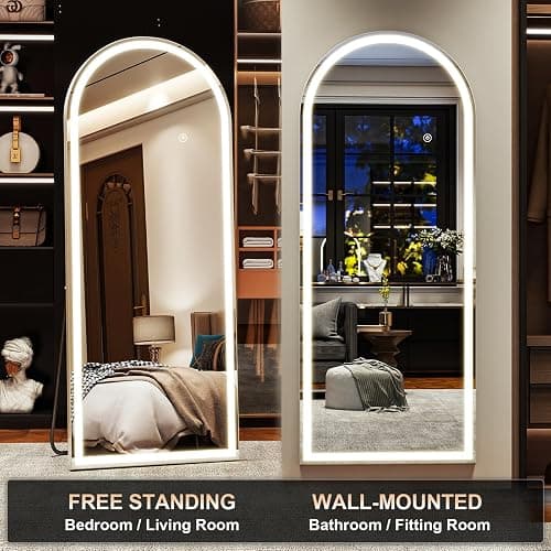 XRAMFY LED White Arched Full Length Mirror - 24“ x 65” Adjustable Brightness, Touch Screen Controls, Wall Mounted or Freestanding for Bedroom, Living Room, Cloakroom Dressing Mirror thumbnail 8