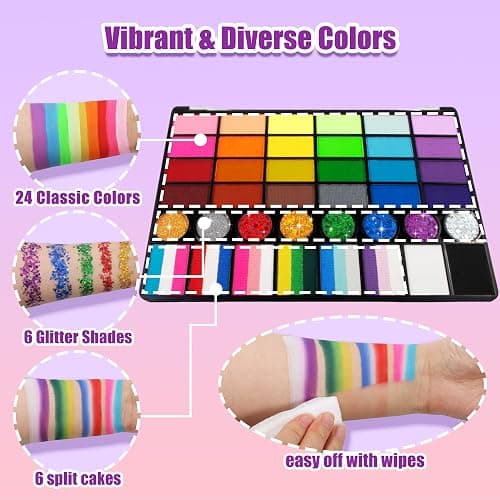 Face Painting Kit for kids, 52 Colors Professional Face Paint Makeup Kit Non-Toxic Water Activated Facepaint Palette, glitter gel, brushes, sponges, stencils for party Halloween School Event Festivals thumbnail 4