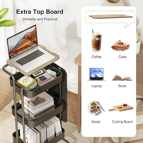 DTK 3 Tier Metal Utility Rolling Cart with Table Top and Side Bags, Tray Storage Organizer Wheels, Art Craft 4 Hooks for Kitchen Bathroom Office Living Room (Black) thumbnail 4