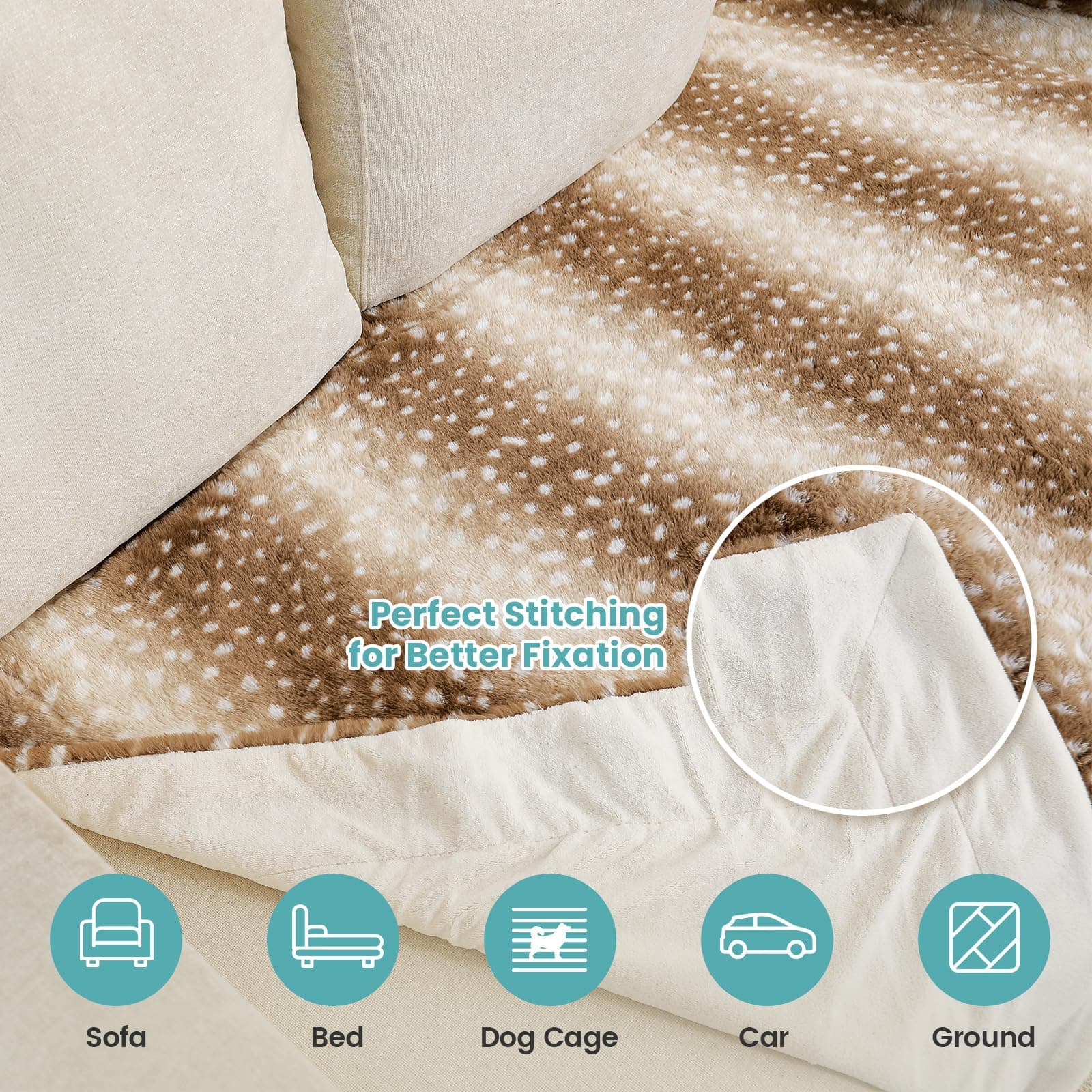 Cozy KISS Soft Faux Fur Blanket for Woman Sofa Bed Couch, Liquid Pee Proof Throw for Large Dog or Cat, Waterproof Pet Blanket, Reversible Washable Plush, Double Sided, 60x80 in, Brown Deer Print thumbnail 7
