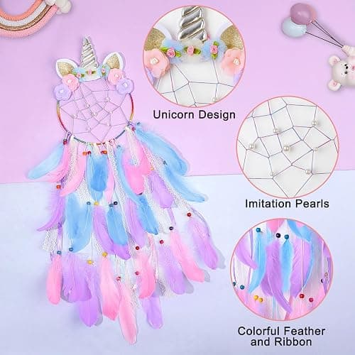 QtGirl Dream Catchers for Kids Unicorn Wall Decor for Girls Bedroom Flower Feather Wall Hanging Decoration thumbnail 5