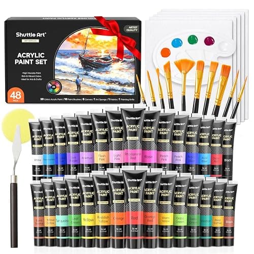 Shuttle Art 48 Pack Acrylic Paint Set, 30 Colors Acrylic Paint (36ml) with 10 Brushes 5 Canvas 1 Paint Knife 1 Palette 1 Sponge, Complete Set for Kids, Adults Painting on Canvas Rocks Wood Ceramic - Image 1