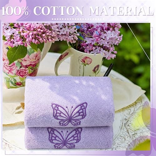 SmoothNovelty 2 Pcs Butterfly Hand Towels Purple Bathroom Decor 14x29 Inch | Embroidered Bathroom Hand Towels, 100% Cotton, Soft Absorbent, Purple Butterfly Bathroom Kitchen Decor thumbnail 4