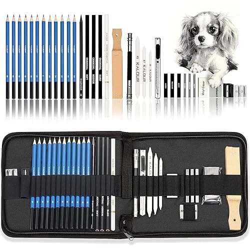 KALOUR 33 Pro Drawing Kit Sketching Pencils Set,Portable Zippered Travel Case-Charcoal Pencils, Sketch Pencils, Charcoal Stick,Sharpener,Eraser.Art Supplies for Artists Beginner Adults Teens - Image 1