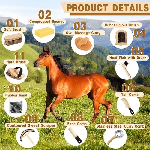 Abbylike 12 Pieces Horse Grooming Kit Racing Festival Tack Room Supplies Horse Brush Sets Equine Care Cleaning Kit Shedding Grooming Massaging Tools(Khaki) thumbnail 3