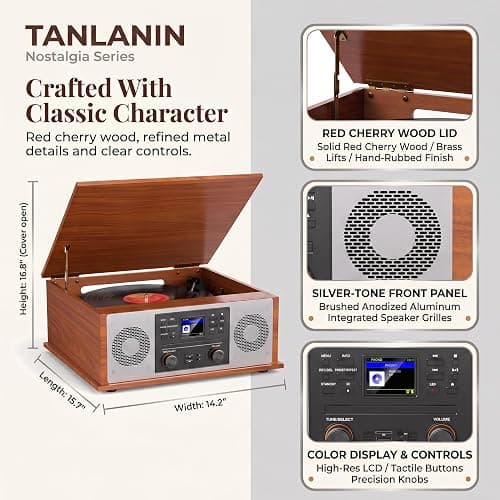 10 in 1 Bluetooth Record Player All-in-One Multimedia Center | Stereo Speakers, CD Player, Internet Radio, 3-Speed Turntable, Clock, Alarm, USB Recording, RCA Out, LCD Display, Red Wood thumbnail 8