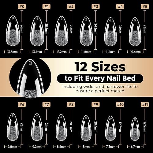 Luckyfairy Medium Almond Nail Tips, 504pcs Soft Gel Pre-Filed Acrylic Almond Fake Nails, Half Matte Full Cover Clear Press on Flase Nail Tips for Nail Extension Home DIY 12 Sizes thumbnail 8