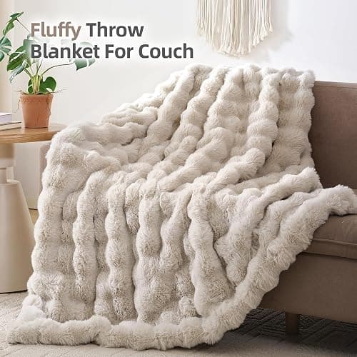 Smoofy Faux Fur Throw Blanket for Couch Rabbit Fleece - Linen Fluffy Blanket for Sofa Bedroom Living Room, Cozy Soft Plush Luxury Thick Winter Fuzzy Comfy Bubble Blanket - 50" x 60" thumbnail 4