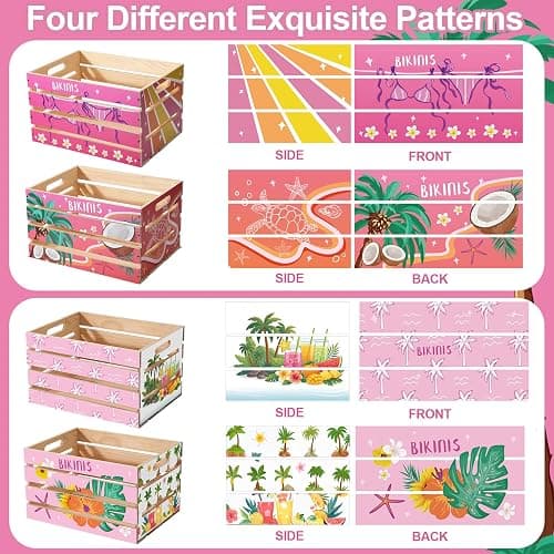 Novabright 2 Pack Large Bikini Box 16x12x9.5in Wooden Crate Box for Swimwear Storage Stackable Bikini Organizer Crate DIY Assembly Summer Pool Party Storage Bin (Tropical,Pink) thumbnail 3