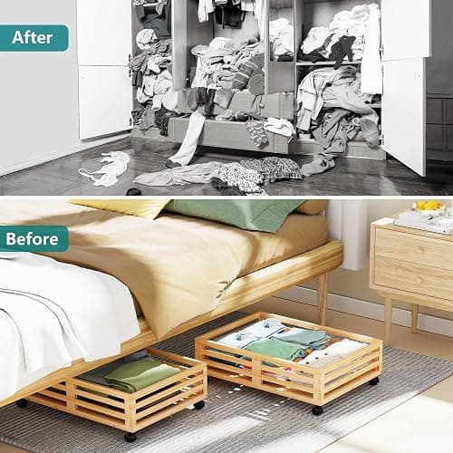 Bamboo Under Bed Storage with Wheels Rolling Underbed Drawer with Lids | 360° Lockable Wheels,120lbs Load Capacity,Multi-scene,Dustproof Storage Bag,Sturdy Wood Shoe Storage,Clothes Storage Drawers thumbnail 6