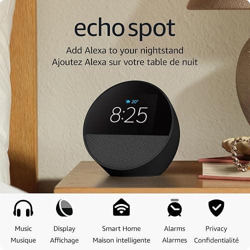 Amazon Echo Spot (newest model), Great for nightstands, offices and kitchens, Smart alarm clock with Alexa+ Early Access, Black thumbnail 7