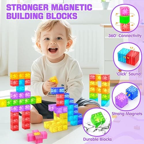 Feoxialy Magnetic Blocks - 52pcs Translucent Magnetic Cubes, Digit Building Blocks Magnet Toys for Kids, Rainbow STEM Creativity Toys 3+ Year Old Boys & Girls Toddlers Kids Christmas Birthday Gifts thumbnail 3